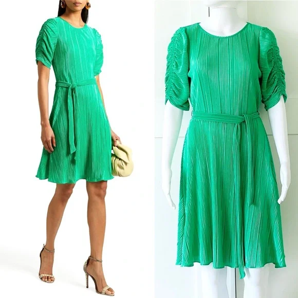 DKNY Satin Pleated Dress Ruched Sleeve Crew Neck Tie-Waist A-Line Pullover Style - Picture 8 of 16